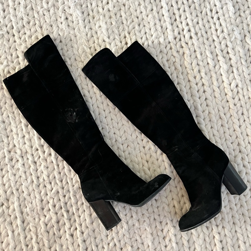 Black suede over the knee chunky heel boots